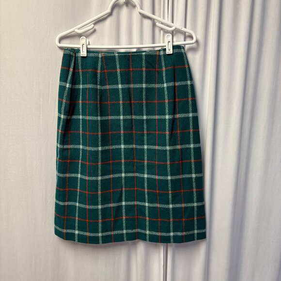 Vintage Evan-Picone Green Plaid Wool Skirt Womens Size 14 Fringe Classic Western - Picture 2 of 7